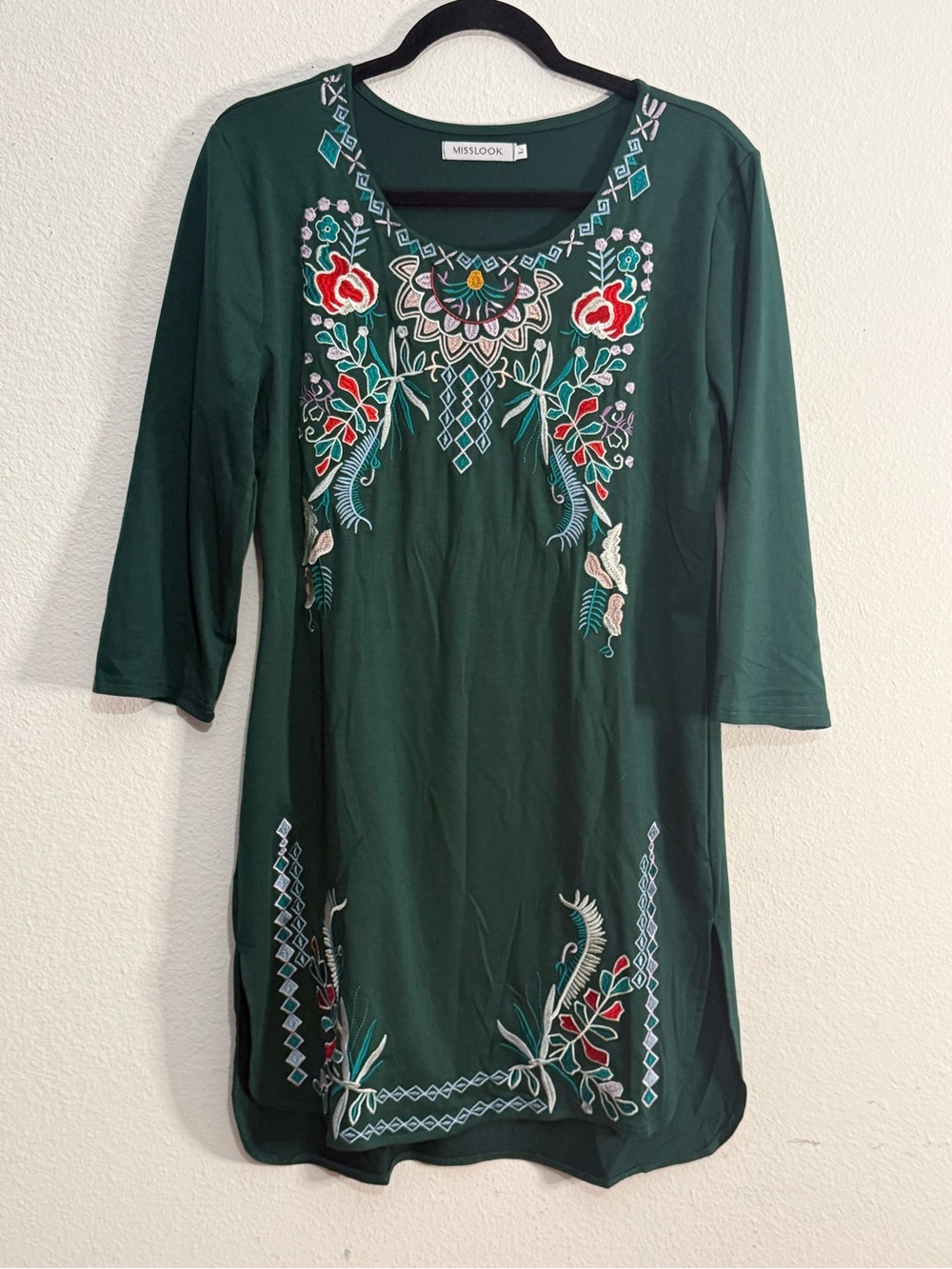 Misslook Boho Embroidered Tunic Dress Hunter Green 3/4Sleeve Shift Cottagecore L - Picture 2 of 8